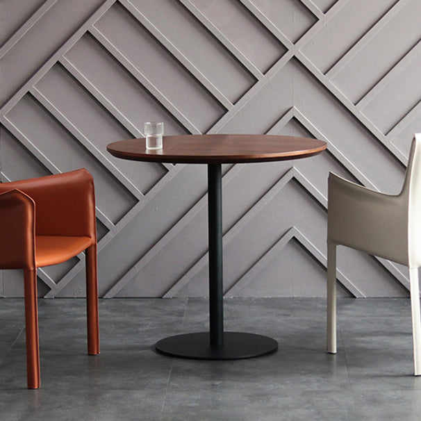 Modern Artificial Wood Table Round Dining Table with Metal Pedestal Base for Restaurant Walnut 23.6"L x 23.6"W x 29.5"H Without Chairs Clearhalo ' dining_table' 'Dining Tables & Seating' 'Dining Tables' 'furn' 'furn_dining_table' 'Furniture' 'furniture_dining_table' 'Kitchen & Dining Furniture' 'kitchen&dining_furn' 'kitchen' 'kitchen_dining_table' 4429519