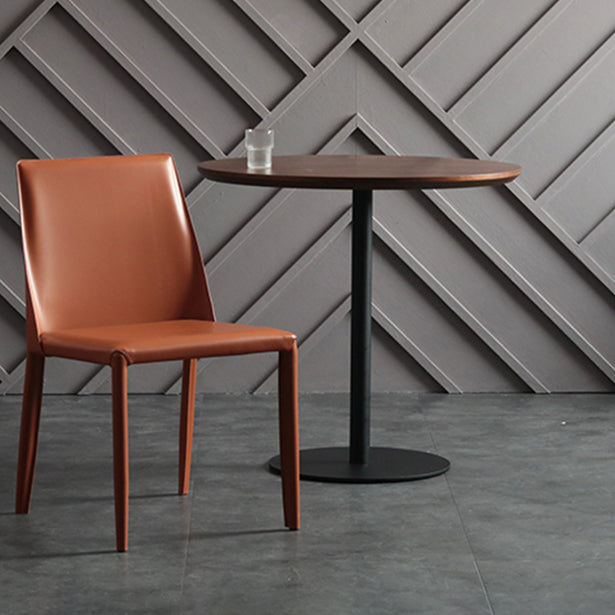 Modern Artificial Wood Table Round Dining Table with Metal Pedestal Base for Restaurant Walnut 27.6"L x 27.6"W x 29.5"H Without Chairs Clearhalo ' dining_table' 'Dining Tables & Seating' 'Dining Tables' 'furn' 'furn_dining_table' 'Furniture' 'furniture_dining_table' 'Kitchen & Dining Furniture' 'kitchen&dining_furn' 'kitchen' 'kitchen_dining_table' 4429528