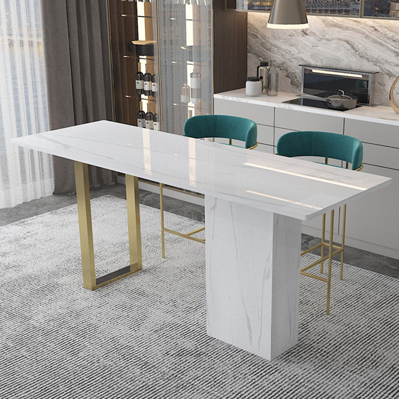 White Stone Rectangle Bar Wine Table Double Pedestal Living Room Bar Dining Table Gold Without Chairs Clearhalo 'Bar Furniture' 'Bar Tables' 'bar_tables' 'furn' 'furn_bar_tables' 'Furniture' 'furniture_bar_tables' 'Kitchen & Dining Furniture' 4430621