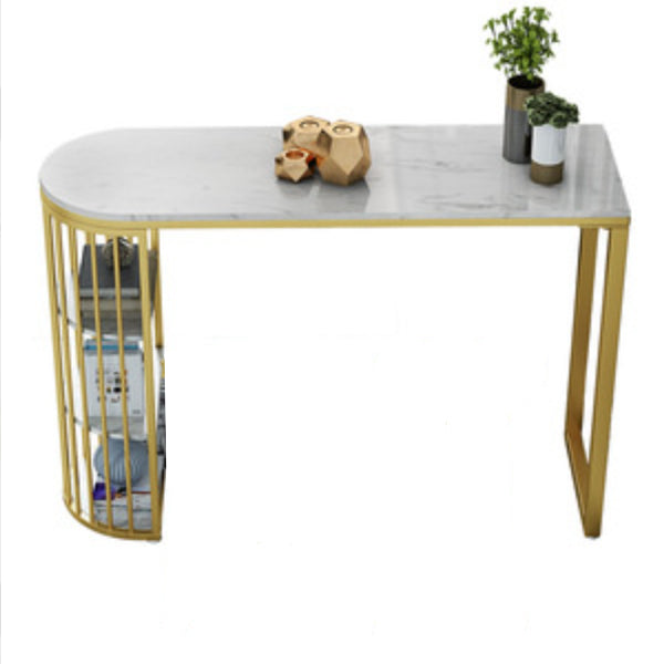 Glam Faux Marble Bistro Table Gold Iron Double Pedestal Bar Dining Table with 3-Shelf 47.2"L x 15.7"W x 41.3"H Without Chairs Clearhalo 'Bar Furniture' 'Bar Tables' 'bar_tables' 'furn' 'furn_bar_tables' 'Furniture' 'furniture_bar_tables' 'Kitchen & Dining Furniture' 4430638
