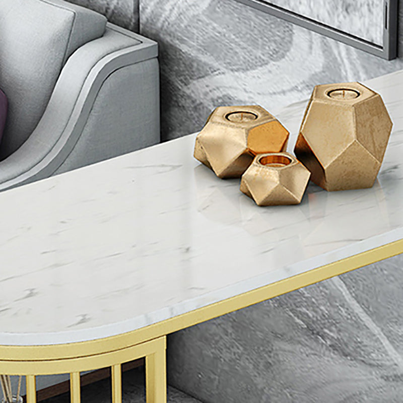 Glam Faux Marble Bistro Table Gold Iron Double Pedestal Bar Dining Table with 3-Shelf Clearhalo 'Bar Furniture' 'Bar Tables' 'bar_tables' 'furn' 'furn_bar_tables' 'Furniture' 'furniture_bar_tables' 'Kitchen & Dining Furniture' 4430641