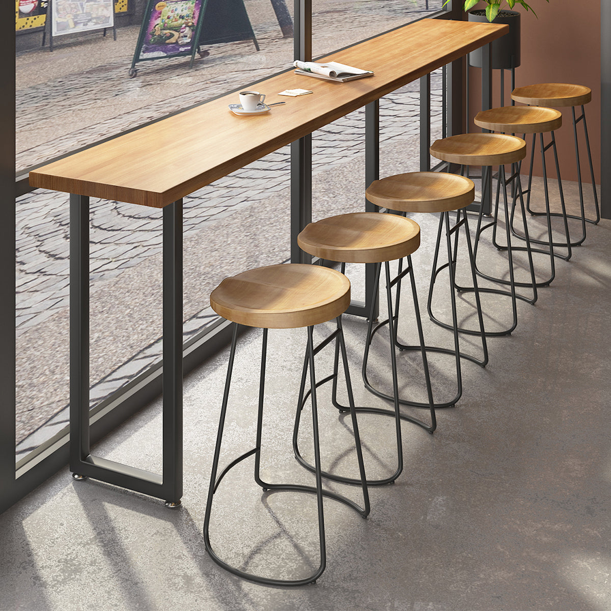 Modern Brown Wood Pub Table with Rectangle Table Top Black Trestle Table, Only Table 118.1"L x 15.7"W x 41.3"H Without Chairs Clearhalo 'Bar Furniture' 'Bar Tables' 'bar_tables' 'furn' 'furn_bar_tables' 'Furniture' 'furniture_bar_tables' 'Kitchen & Dining Furniture' 4431026