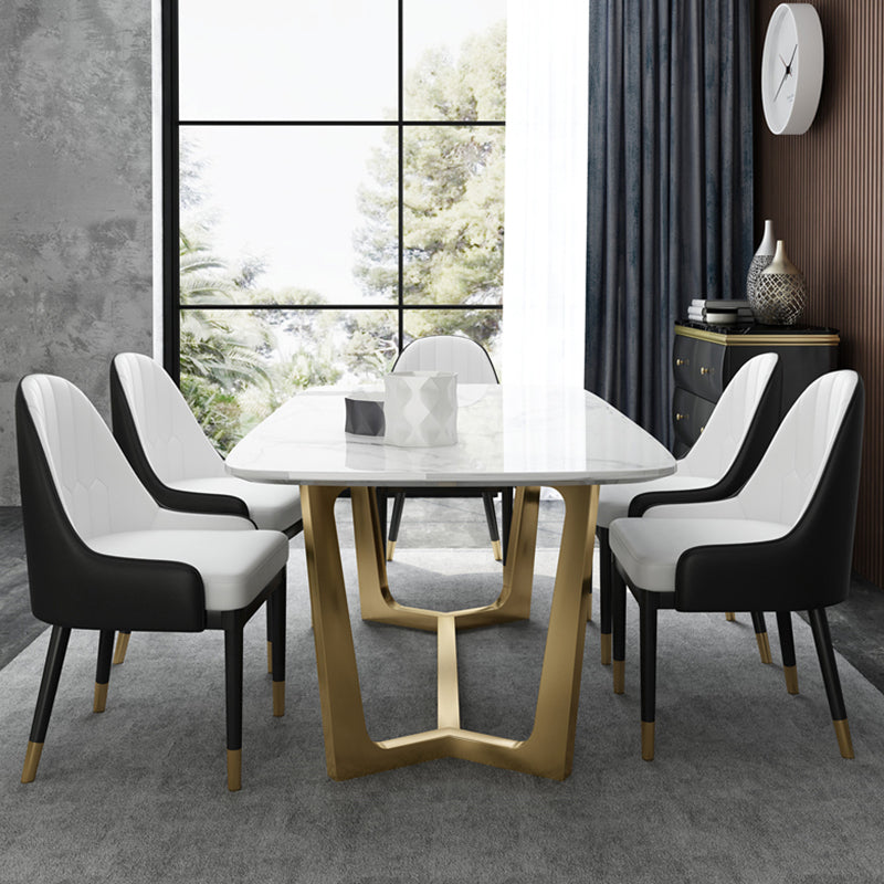 Glam 1/5/7 Pieces Dining Set Sintered Stone Dining Table for Home Use 5 Pieces: Table, 4 White Chairs Clearhalo 'Dining Room Sets' 'Dining Tables & Seating' 'dining_room_set' 'furn' 'furn_dining_room_set' 'Furniture' 'furniture_dining_room_set' 'Kitchen & Dining Furniture' 'kitchen&dining_furn' 'kitchen' 4438991