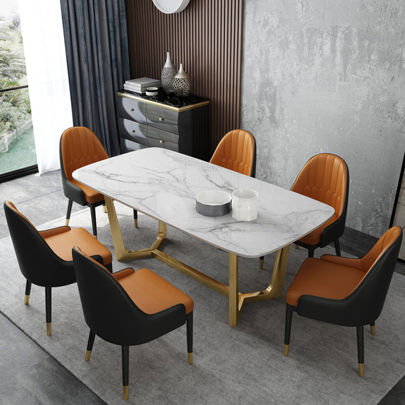 Glam 1/5/7 Pieces Dining Set Sintered Stone Dining Table for Home Use 7 Pieces: Table, 6 Orange Chairs Clearhalo 'Dining Room Sets' 'Dining Tables & Seating' 'dining_room_set' 'furn' 'furn_dining_room_set' 'Furniture' 'furniture_dining_room_set' 'Kitchen & Dining Furniture' 'kitchen&dining_furn' 'kitchen' 4438992