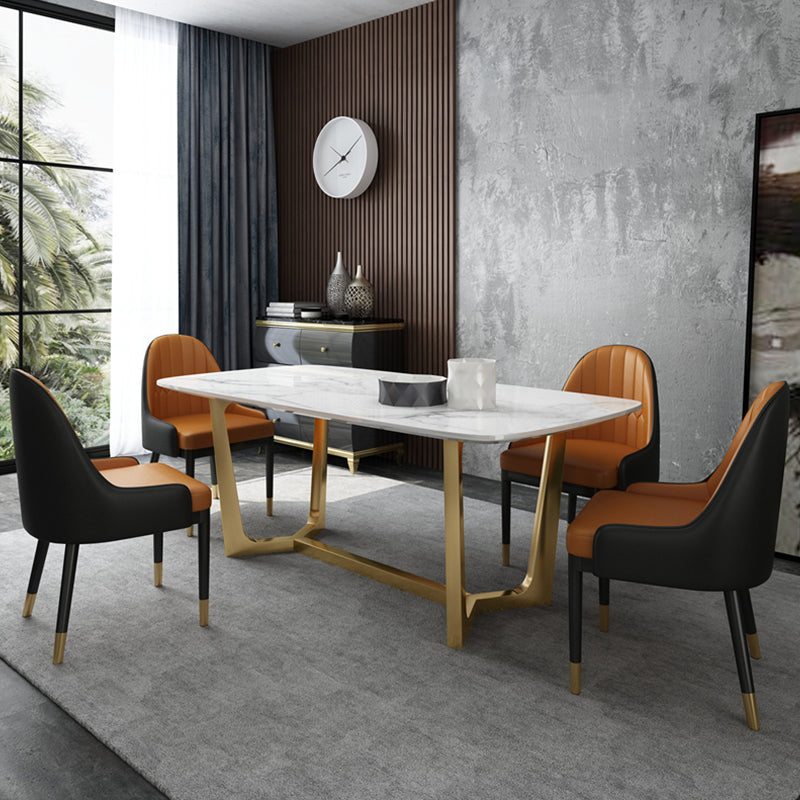 Glam 1/5/7 Pieces Dining Set Sintered Stone Dining Table for Home Use 5 Pieces: Table, 4 Orange Chairs Clearhalo 'Dining Room Sets' 'Dining Tables & Seating' 'dining_room_set' 'furn' 'furn_dining_room_set' 'Furniture' 'furniture_dining_room_set' 'Kitchen & Dining Furniture' 'kitchen&dining_furn' 'kitchen' 4438993