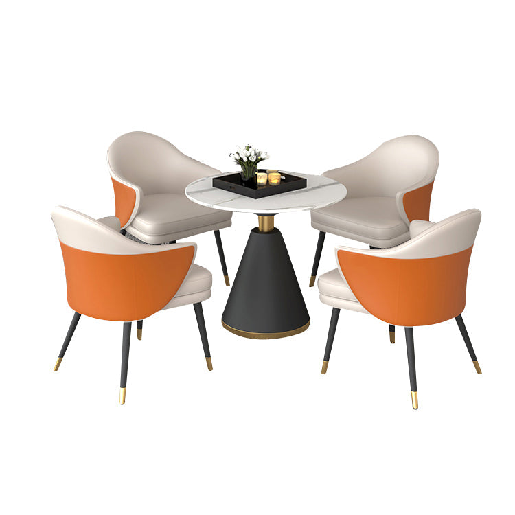1/5 Pcs Metal Modern Dining Room Set with Round Table and Arm Chairs Dining Set 5 Pieces: Table, 4 Orange Chairs Clearhalo 'Dining Room Sets' 'Dining Tables & Seating' 'dining_room_set' 'furn' 'furn_dining_room_set' 'Furniture' 'furniture_dining_room_set' 'Kitchen & Dining Furniture' 'kitchen&dining_furn' 'kitchen' 4439011