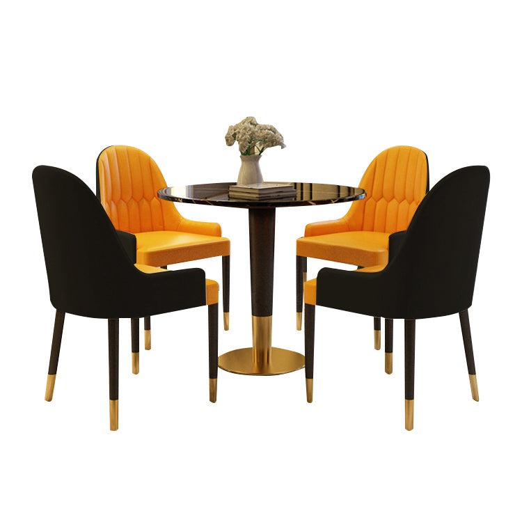 1/2/4/5 Pcs Metal Glam Style Dining Set with Round Table Dinette Set 5 Pieces: Black Table, 4 Orange-Black Chairs Clearhalo 'Dining Room Sets' 'Dining Tables & Seating' 'dining_room_set' 'furn' 'furn_dining_room_set' 'Furniture' 'furniture_dining_room_set' 'Kitchen & Dining Furniture' 'kitchen&dining_furn' 'kitchen' 4439181