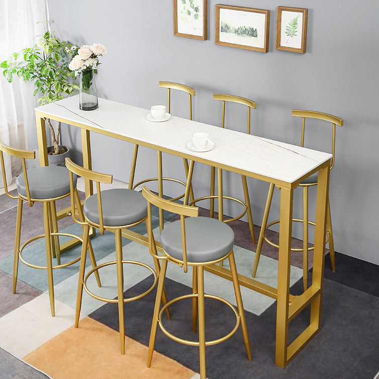 Glam Rectangle Stone Pub Bar Table Gold Iron Bar Dining Table with Trestle Pedestal Clearhalo 'Bar Furniture' 'Bar Tables' 'bar_tables' 'furn' 'furn_bar_tables' 'Furniture' 'furniture_bar_tables' 'Kitchen & Dining Furniture' 4440224