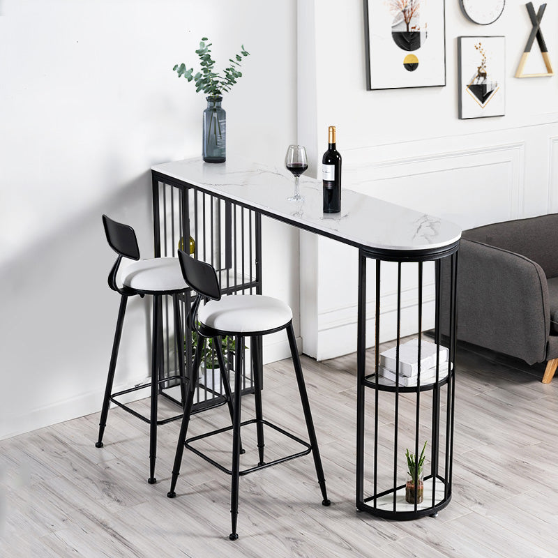 Glam White Faux Marble Pub Bar Table Iron Double Pedestal Bar Dining Table with 4-Shelf 70.9"L x 15.7"W x 41.3"H Black Without Chairs Clearhalo 'Bar Furniture' 'Bar Tables' 'bar_tables' 'furn' 'furn_bar_tables' 'Furniture' 'furniture_bar_tables' 'Kitchen & Dining Furniture' 4440237