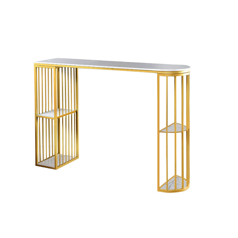 Glam White Faux Marble Pub Bar Table Iron Double Pedestal Bar Dining Table with 4-Shelf Gold Without Chairs Clearhalo 'Bar Furniture' 'Bar Tables' 'bar_tables' 'furn' 'furn_bar_tables' 'Furniture' 'furniture_bar_tables' 'Kitchen & Dining Furniture' 4440238