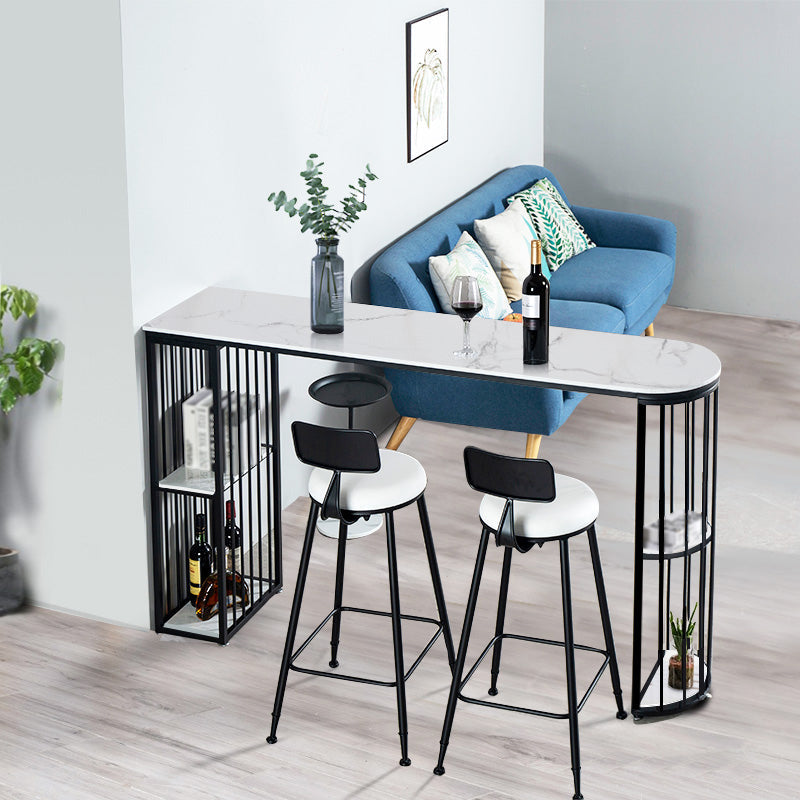 Glam White Faux Marble Pub Bar Table Iron Double Pedestal Bar Dining Table with 4-Shelf 63"L x 15.7"W x 41.3"H Black Without Chairs Clearhalo 'Bar Furniture' 'Bar Tables' 'bar_tables' 'furn' 'furn_bar_tables' 'Furniture' 'furniture_bar_tables' 'Kitchen & Dining Furniture' 4440239