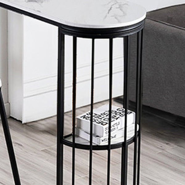 Glam White Faux Marble Pub Bar Table Iron Double Pedestal Bar Dining Table with 4-Shelf Clearhalo 'Bar Furniture' 'Bar Tables' 'bar_tables' 'furn' 'furn_bar_tables' 'Furniture' 'furniture_bar_tables' 'Kitchen & Dining Furniture' 4440245
