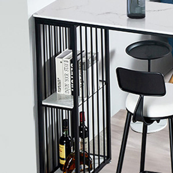 Glam White Faux Marble Pub Bar Table Iron Double Pedestal Bar Dining Table with 4-Shelf Clearhalo 'Bar Furniture' 'Bar Tables' 'bar_tables' 'furn' 'furn_bar_tables' 'Furniture' 'furniture_bar_tables' 'Kitchen & Dining Furniture' 4440246