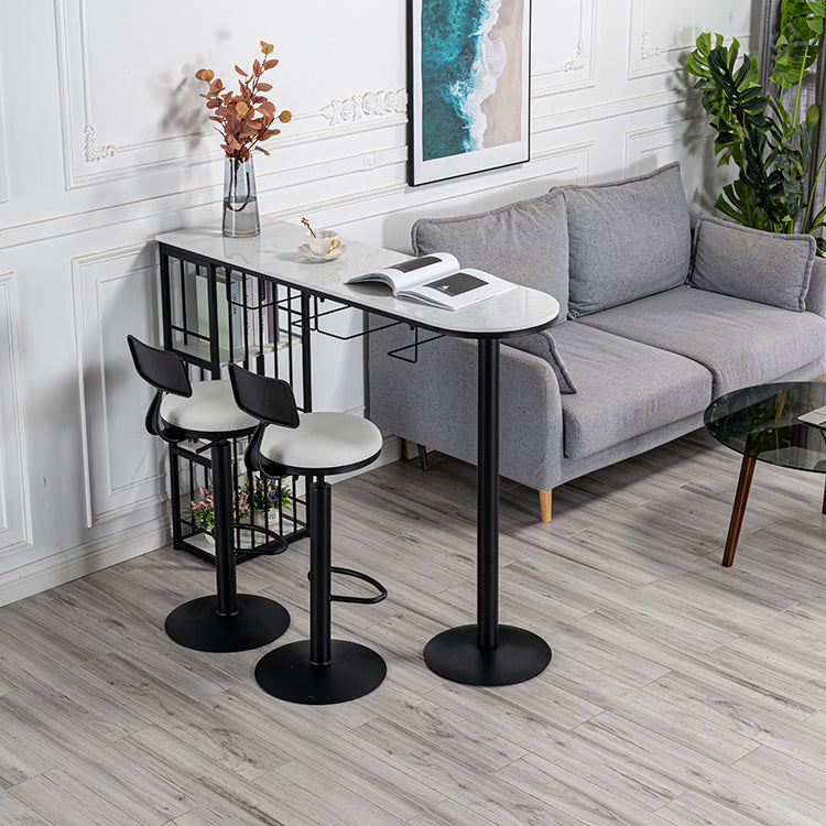 Glam White Faux Marble Bistro Table Iron Double Pedestal Bar Dining Table with 3-Shelf 78.7"L x 15.7"W x 41.3"H Black Without Chairs Clearhalo 'Bar Furniture' 'Bar Tables' 'bar_tables' 'furn' 'furn_bar_tables' 'Furniture' 'furniture_bar_tables' 'Kitchen & Dining Furniture' 4440255