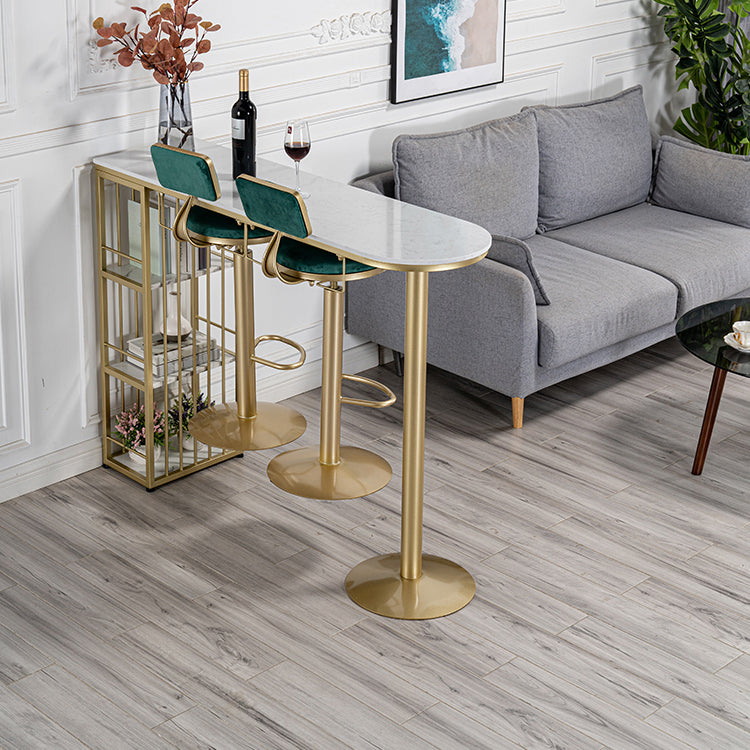 Glam White Faux Marble Bistro Table Iron Double Pedestal Bar Dining Table with 3-Shelf 63"L x 15.7"W x 41.3"H Gold Without Chairs Clearhalo 'Bar Furniture' 'Bar Tables' 'bar_tables' 'furn' 'furn_bar_tables' 'Furniture' 'furniture_bar_tables' 'Kitchen & Dining Furniture' 4440256