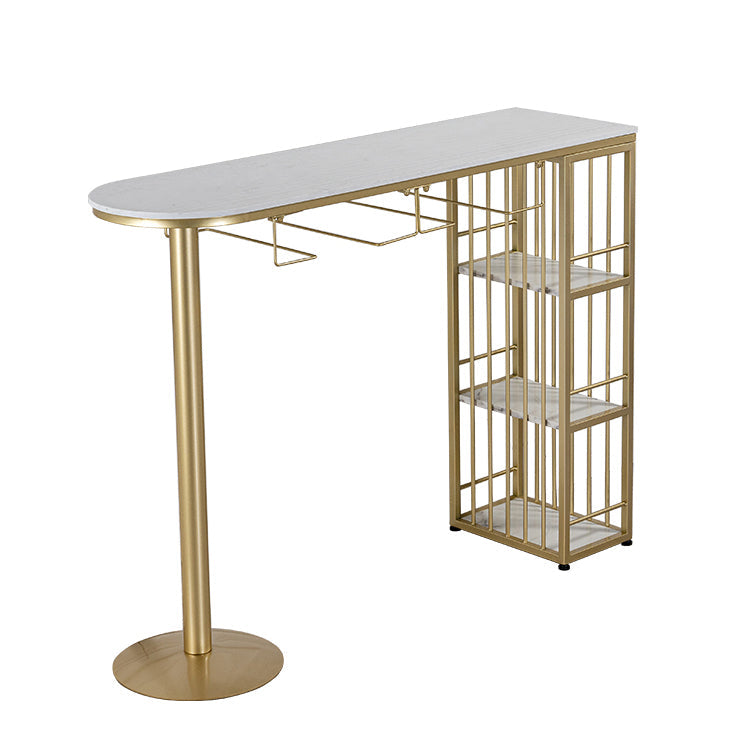 Glam White Faux Marble Bistro Table Iron Double Pedestal Bar Dining Table with 3-Shelf Gold Without Chairs Clearhalo 'Bar Furniture' 'Bar Tables' 'bar_tables' 'furn' 'furn_bar_tables' 'Furniture' 'furniture_bar_tables' 'Kitchen & Dining Furniture' 4440257