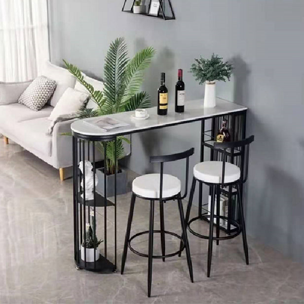 Industrial Style Iron Bar Table Faux Marble White Top 41.3"H Bistro Table with Storage 63"L x 15.7"W x 41.3"H Black Without Chairs Clearhalo 'Bar Furniture' 'Bar Tables' 'bar_tables' 'furn' 'furn_bar_tables' 'Furniture' 'furniture_bar_tables' 'Kitchen & Dining Furniture' 4440344