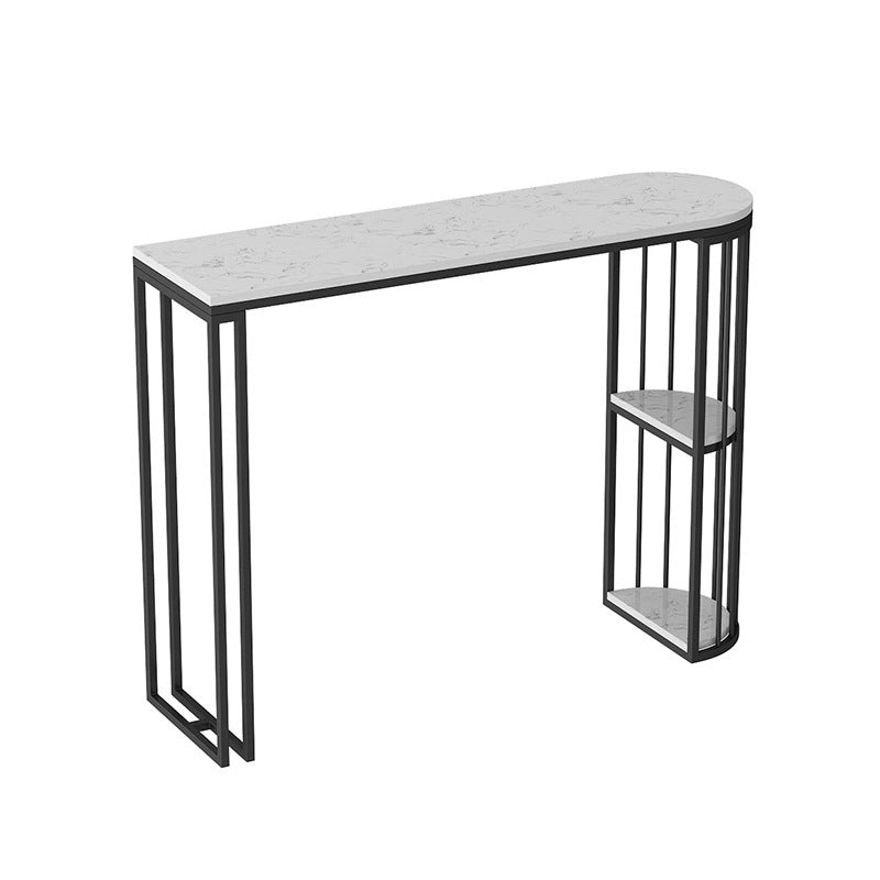 Glam White Stone Pub Bar Table Indoor Iron Double Pedestal Bar Dining Table with 2-Shelf Black Faux Marble Clearhalo 'Bar Furniture' 'Bar Tables' 'bar_tables' 'furn' 'furn_bar_tables' 'Furniture' 'furniture_bar_tables' 'Kitchen & Dining Furniture' 4440420