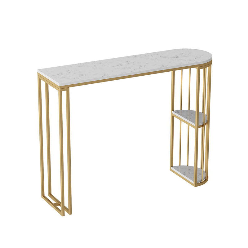 Glam White Stone Pub Bar Table Indoor Iron Double Pedestal Bar Dining Table with 2-Shelf Gold Faux Marble Clearhalo 'Bar Furniture' 'Bar Tables' 'bar_tables' 'furn' 'furn_bar_tables' 'Furniture' 'furniture_bar_tables' 'Kitchen & Dining Furniture' 4440424