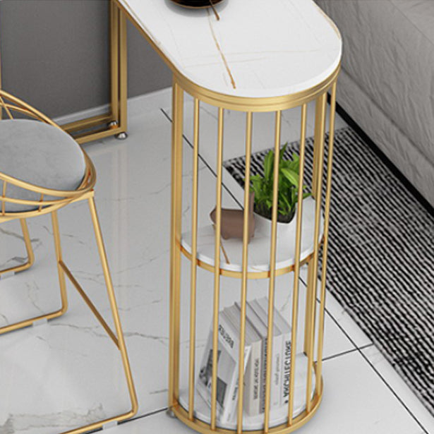 Glam White Stone Pub Bar Table Indoor Iron Double Pedestal Bar Dining Table with 2-Shelf Clearhalo 'Bar Furniture' 'Bar Tables' 'bar_tables' 'furn' 'furn_bar_tables' 'Furniture' 'furniture_bar_tables' 'Kitchen & Dining Furniture' 4440426