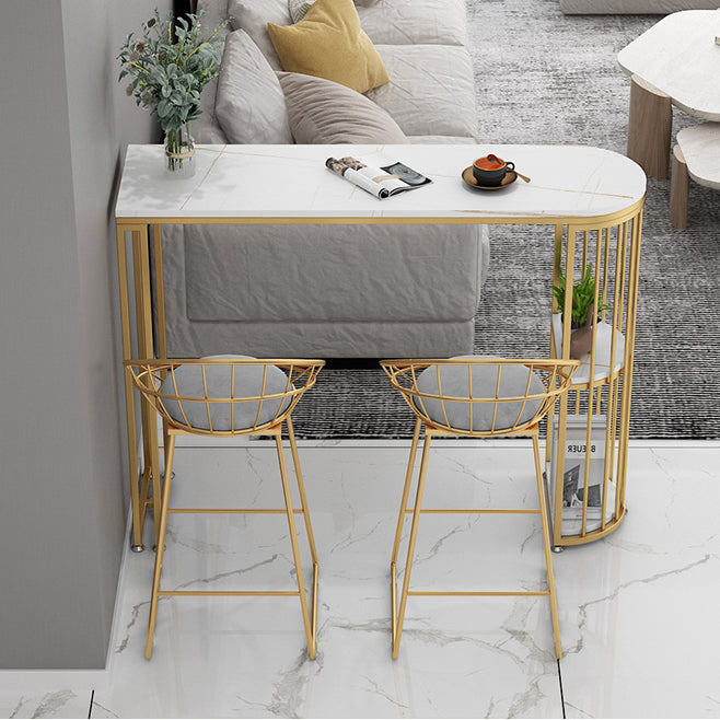 Glam White Stone Pub Bar Table Indoor Iron Double Pedestal Bar Dining Table with 2-Shelf Clearhalo 'Bar Furniture' 'Bar Tables' 'bar_tables' 'furn' 'furn_bar_tables' 'Furniture' 'furniture_bar_tables' 'Kitchen & Dining Furniture' 4440428