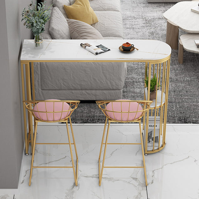 Glam White Stone Pub Bar Table Indoor Iron Double Pedestal Bar Dining Table with 2-Shelf Clearhalo 'Bar Furniture' 'Bar Tables' 'bar_tables' 'furn' 'furn_bar_tables' 'Furniture' 'furniture_bar_tables' 'Kitchen & Dining Furniture' 4440430