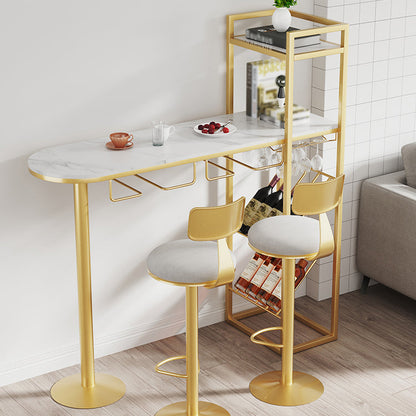 Glam Gold Iron Bar Table Faux Marble White Top 41.3"H Bistro Table with Wine Rack 39.4"L x 17.7"W x 41.3"H Without Chairs Clearhalo 'Bar Furniture' 'Bar Tables' 'bar_tables' 'furn' 'furn_bar_tables' 'Furniture' 'furniture_bar_tables' 'Kitchen & Dining Furniture' 4440491