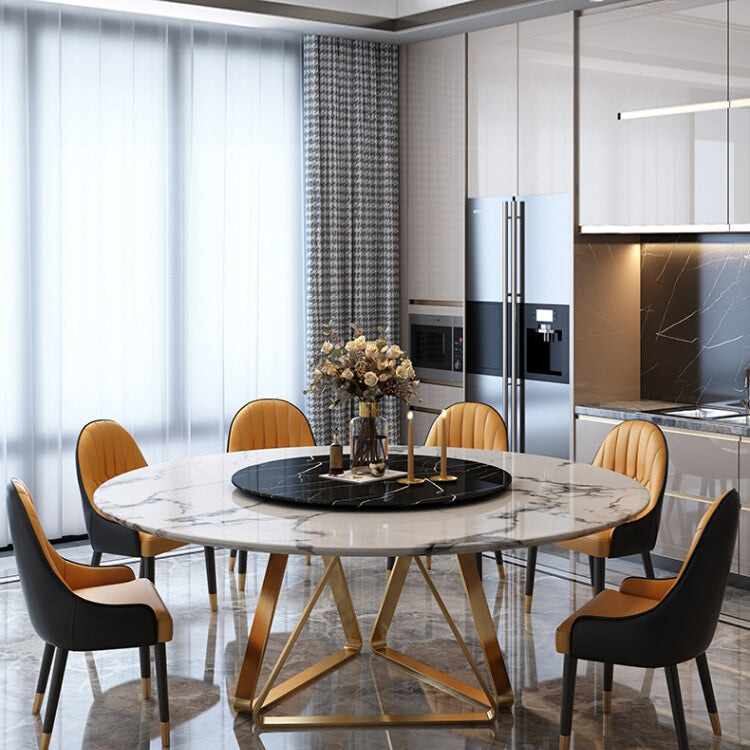 Marble Dining Table Traditional Luxury Round Dining Site Table with Turntable Black Gold 59.1"L x 59.1"W x 29.5"H Clearhalo ' dining_table' 'Dining Tables & Seating' 'Dining Tables' 'furn' 'furn_dining_table' 'Furniture' 'furniture_dining_table' 'Kitchen & Dining Furniture' 'kitchen&dining_furn' 'kitchen' 'kitchen_dining_table' 4450831