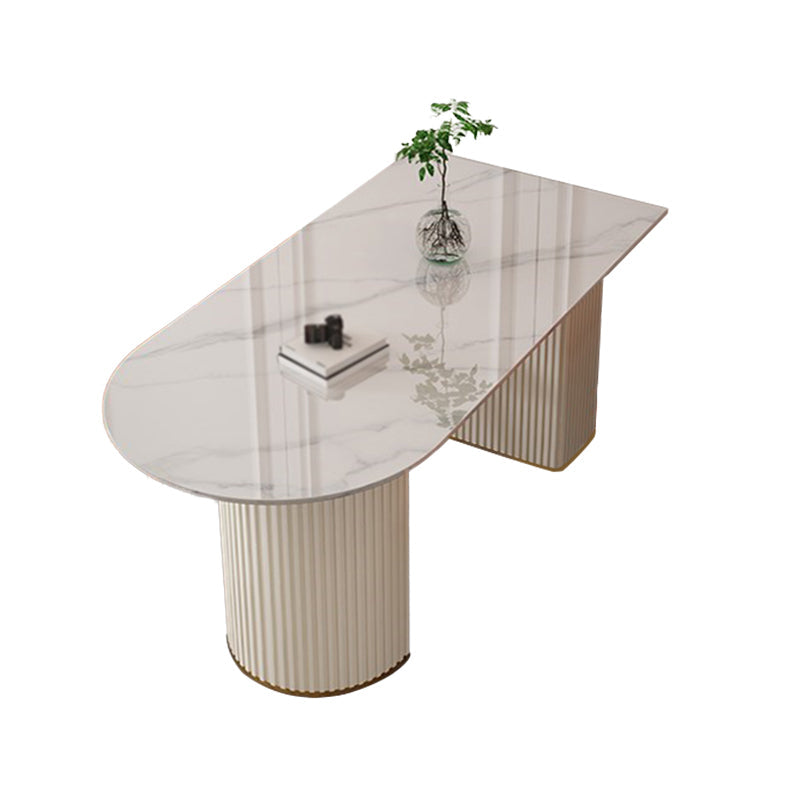 Glam White Sintered Stone Dining Table Kitchen Standard Table with Double Pedestal Base Free Form Without Chairs Clearhalo ' dining_table' 'Dining Tables & Seating' 'Dining Tables' 'furn' 'furn_dining_table' 'Furniture' 'furniture_dining_table' 'Kitchen & Dining Furniture' 'kitchen&dining_furn' 'kitchen' 'kitchen_dining_table' 4450931
