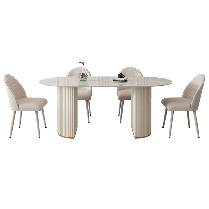 Glam White Sintered Stone Dining Table Kitchen Standard Table with Double Pedestal Base Oval 55.1"L x 31.5"W x 29.5"H Without Chairs Clearhalo ' dining_table' 'Dining Tables & Seating' 'Dining Tables' 'furn' 'furn_dining_table' 'Furniture' 'furniture_dining_table' 'Kitchen & Dining Furniture' 'kitchen&dining_furn' 'kitchen' 'kitchen_dining_table' 4450934