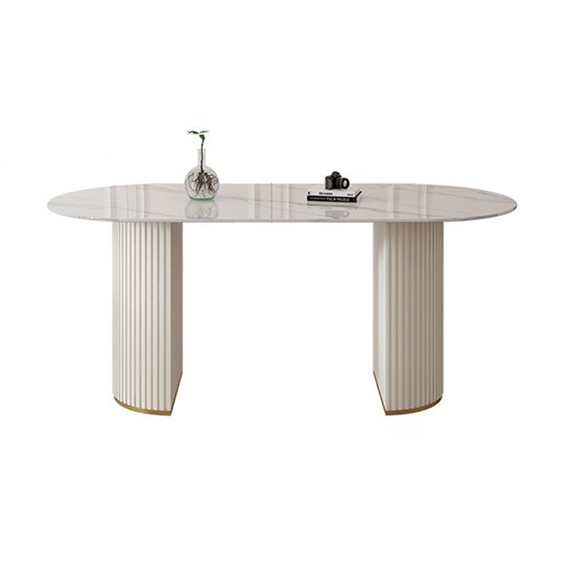 Glam White Sintered Stone Dining Table Kitchen Standard Table with Double Pedestal Base Oval Without Chairs Clearhalo ' dining_table' 'Dining Tables & Seating' 'Dining Tables' 'furn' 'furn_dining_table' 'Furniture' 'furniture_dining_table' 'Kitchen & Dining Furniture' 'kitchen&dining_furn' 'kitchen' 'kitchen_dining_table' 4450935