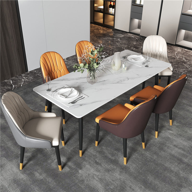 Modern Metal Dining Room Set 1/2/5/7 Pieces Dining Furniture Set 7 Pieces: Table, 4 Orange+2 White Chairs Clearhalo 'Dining Room Sets' 'Dining Tables & Seating' 'dining_room_set' 'furn' 'furn_dining_room_set' 'Furniture' 'furniture_dining_room_set' 'Kitchen & Dining Furniture' 'kitchen&dining_furn' 'kitchen' 4451785