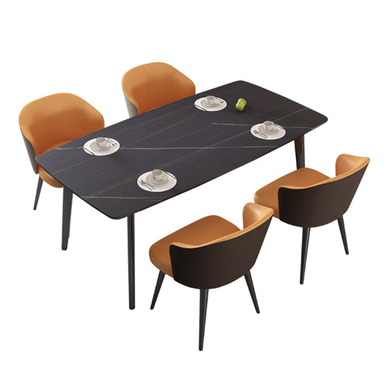 Contemporary 1/2/5/7 Pieces Dining Set Sintered Stone Dining Table 5 Pieces: Black Table, 4 Orange Chairs Clearhalo 'Dining Room Sets' 'Dining Tables & Seating' 'dining_room_set' 'furn' 'furn_dining_room_set' 'Furniture' 'furniture_dining_room_set' 'Kitchen & Dining Furniture' 'kitchen&dining_furn' 'kitchen' 4451807