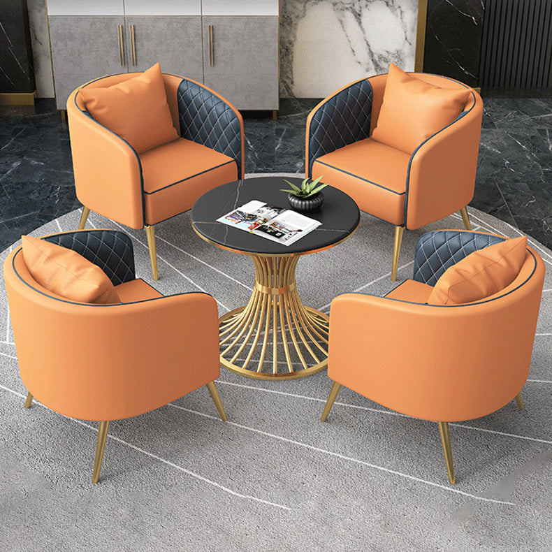 1/5 Pcs Metal Glam Style Dining Room Set with Round Table and Pedestal Base Dining Set 5 Pieces: Black Table, 4 Orange Chairs Clearhalo 'Dining Room Sets' 'Dining Tables & Seating' 'dining_room_set' 'furn' 'furn_dining_room_set' 'Furniture' 'furniture_dining_room_set' 'Kitchen & Dining Furniture' 'kitchen&dining_furn' 'kitchen' 4451886