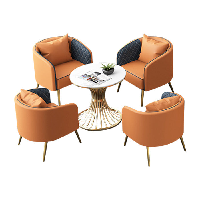 1/5 Pcs Metal Glam Style Dining Room Set with Round Table and Pedestal Base Dining Set 5 Pieces: White Table, 4 Orange Chairs Clearhalo 'Dining Room Sets' 'Dining Tables & Seating' 'dining_room_set' 'furn' 'furn_dining_room_set' 'Furniture' 'furniture_dining_room_set' 'Kitchen & Dining Furniture' 'kitchen&dining_furn' 'kitchen' 4451889