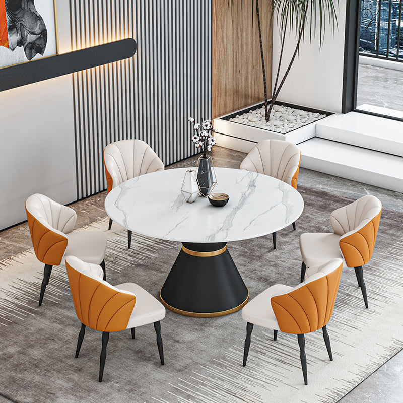 1/2/7/9 Pcs Metal Modern Dining Room Set with Round Indoor Table Dining Set 7 Pieces: White Table, 6 Orange Chairs Clearhalo 'Dining Room Sets' 'Dining Tables & Seating' 'dining_room_set' 'furn' 'furn_dining_room_set' 'Furniture' 'furniture_dining_room_set' 'Kitchen & Dining Furniture' 'kitchen&dining_furn' 'kitchen' 4451956