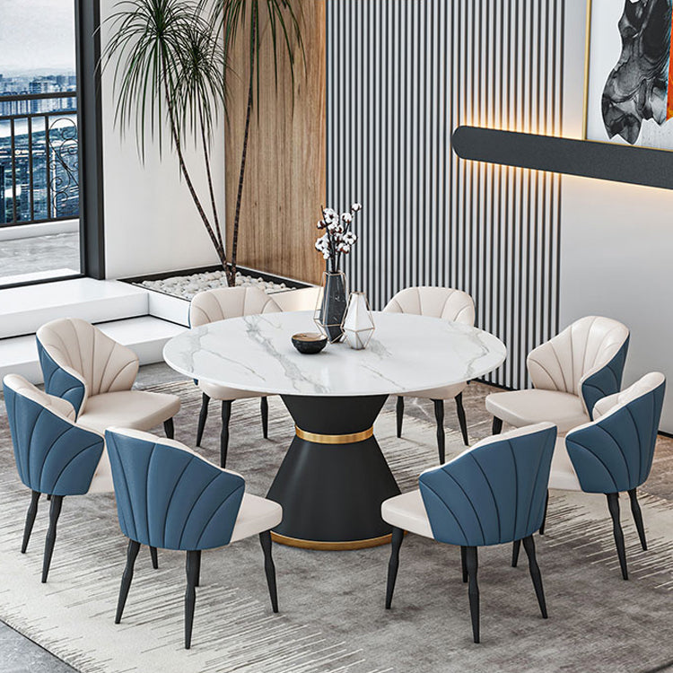 1/2/7/9 Pcs Metal Modern Dining Room Set with Round Indoor Table Dining Set 9 Pieces: White Table, 8 Blue Chairs Clearhalo 'Dining Room Sets' 'Dining Tables & Seating' 'dining_room_set' 'furn' 'furn_dining_room_set' 'Furniture' 'furniture_dining_room_set' 'Kitchen & Dining Furniture' 'kitchen&dining_furn' 'kitchen' 4451961