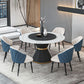 1/2/7/9 Pcs Metal Modern Dining Room Set with Round Indoor Table Dining Set 7 Pieces: Black-Gold Table, 6 Blue Chairs Clearhalo 'Dining Room Sets' 'Dining Tables & Seating' 'dining_room_set' 'furn' 'furn_dining_room_set' 'Furniture' 'furniture_dining_room_set' 'Kitchen & Dining Furniture' 'kitchen&dining_furn' 'kitchen' 4451963