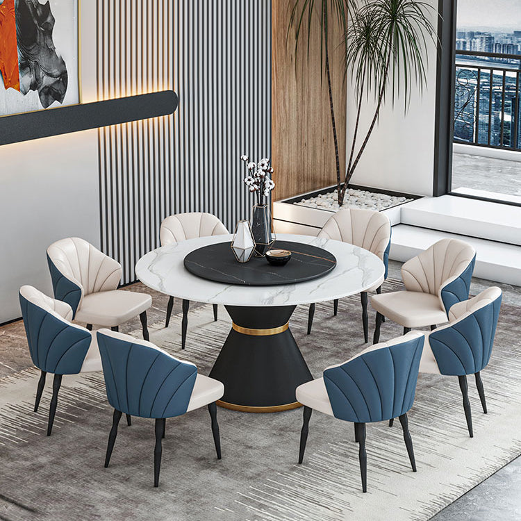 1/2/7/9 Pcs Metal Modern Dining Room Set with Round Indoor Table Dining Set 9 Pieces: Black-Gold Table, 8 Blue Chairs Clearhalo 'Dining Room Sets' 'Dining Tables & Seating' 'dining_room_set' 'furn' 'furn_dining_room_set' 'Furniture' 'furniture_dining_room_set' 'Kitchen & Dining Furniture' 'kitchen&dining_furn' 'kitchen' 4451974
