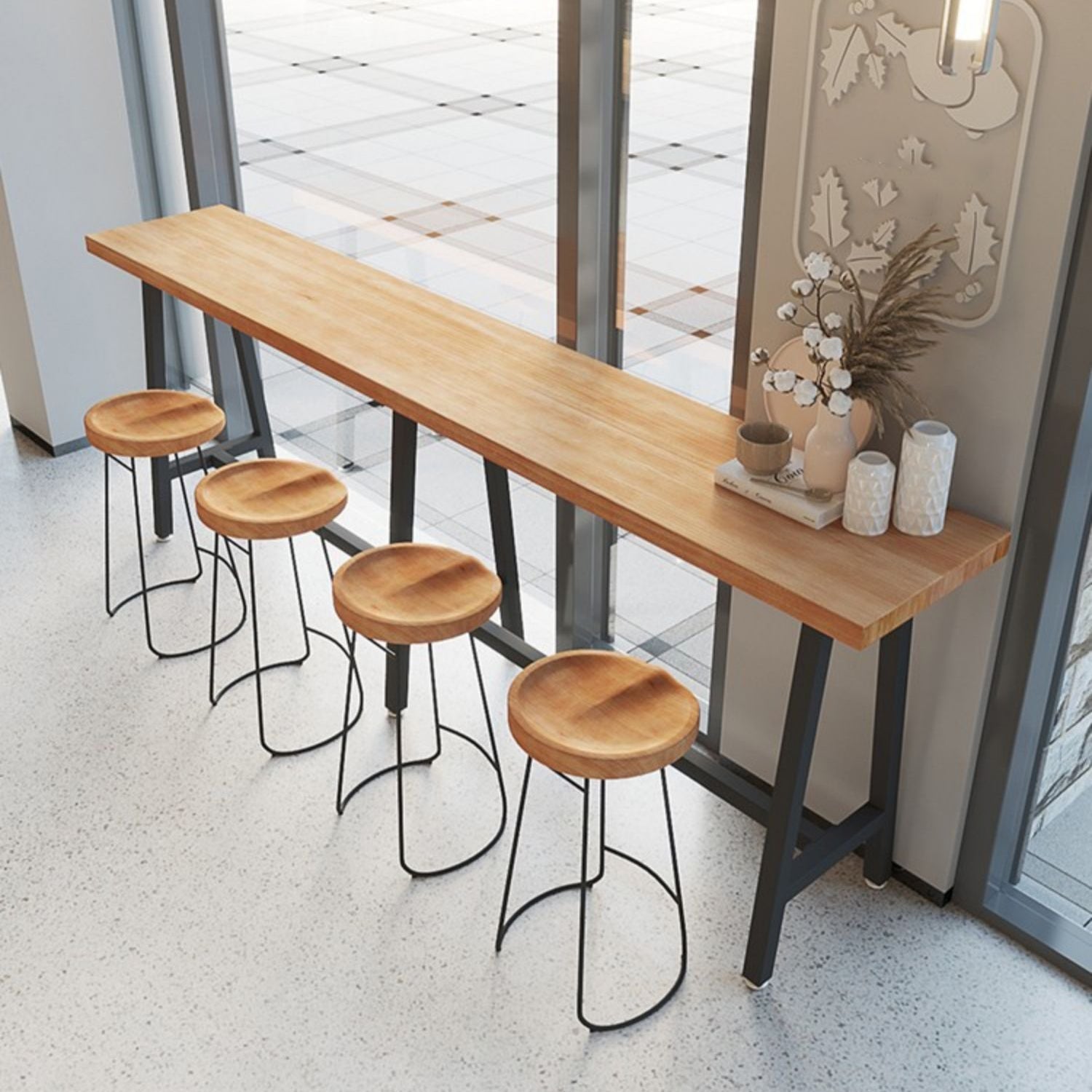 Modern Wood Bistro Bar Table with Rectangle Table Top Black Trestle Table - 42" H 110.2"L x 15.7"W x 41.3"H Without Chairs Clearhalo 'Bar Furniture' 'Bar Tables' 'bar_tables' 'furn' 'furn_bar_tables' 'Furniture' 'furniture_bar_tables' 'Kitchen & Dining Furniture' 4453157