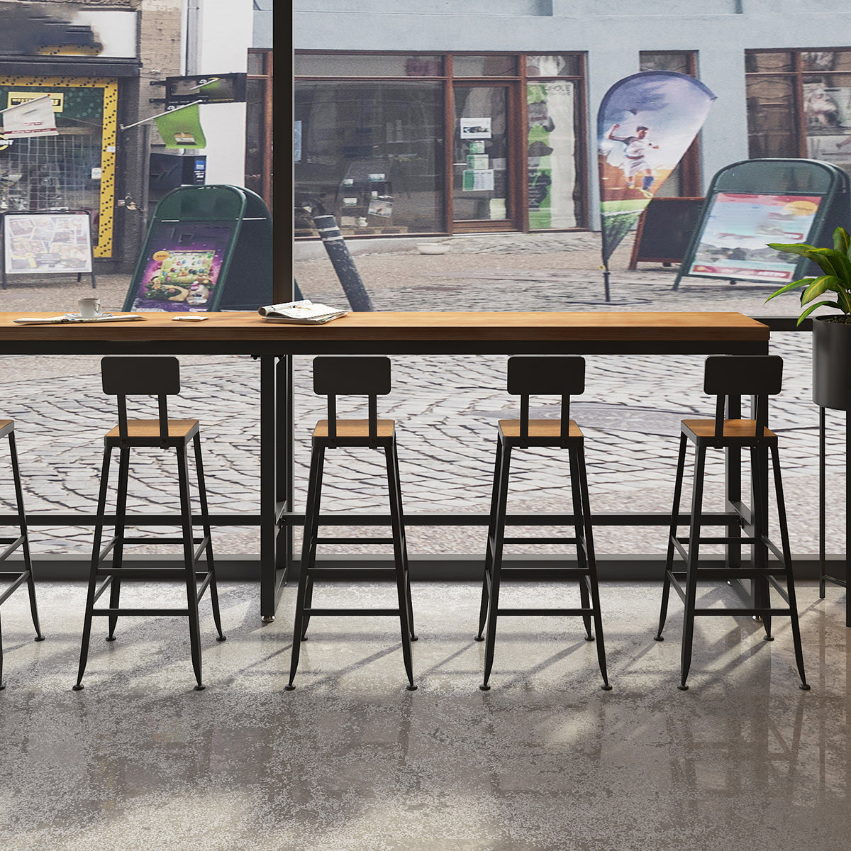 Brown Modern Style Rectangle in Solid Wood and Iron Table Coffee Shop Bar Table 110.2"L x 15.7"W x 41.3"H Without Chairs Clearhalo 'Bar Furniture' 'Bar Tables' 'bar_tables' 'furn' 'furn_bar_tables' 'Furniture' 'furniture_bar_tables' 'Kitchen & Dining Furniture' 4453381