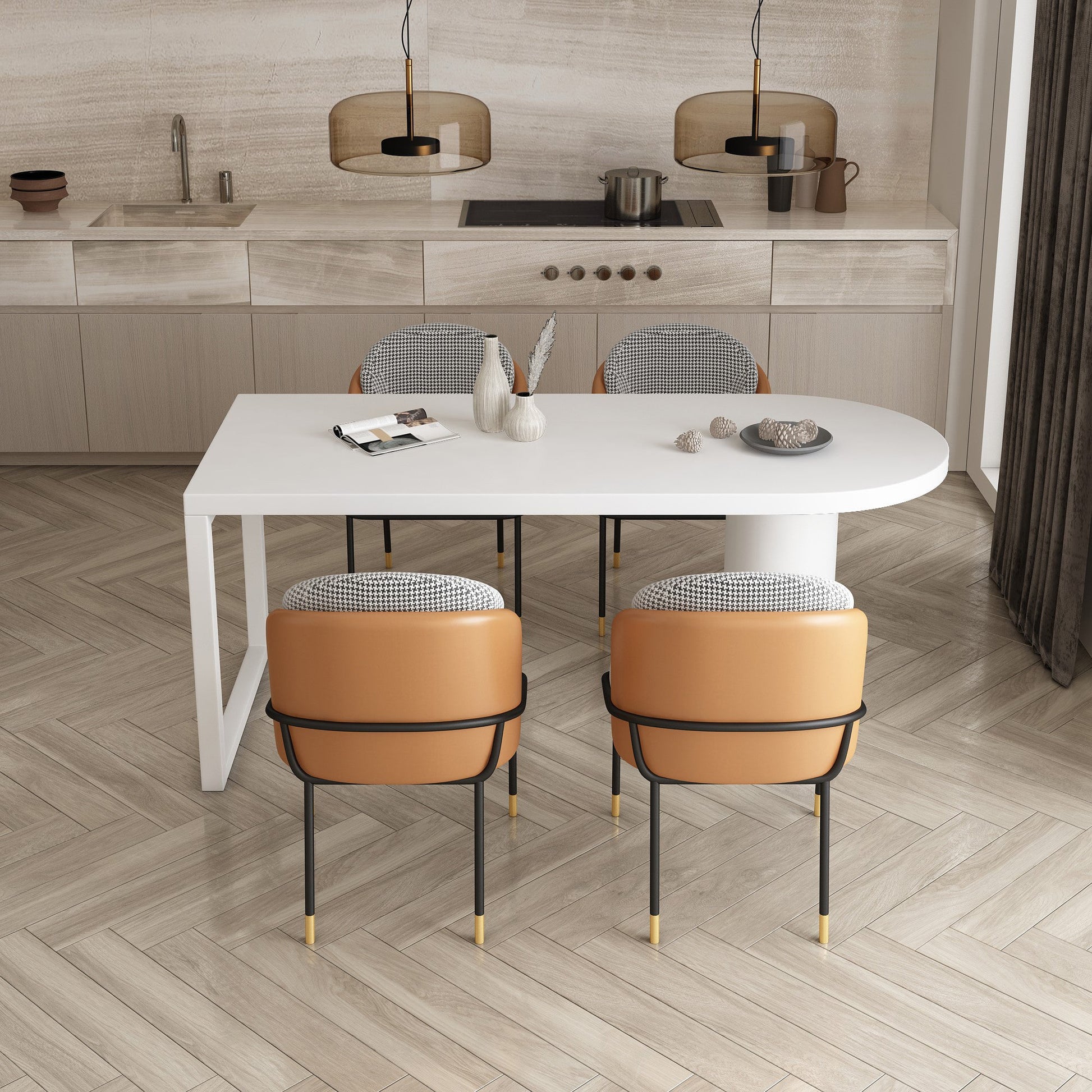 Modern Style Dining Table White Home Use Dining Table with Double Pedestal Base Wood 55.1"L x 27.6"W x 29.5"H Without Chairs Clearhalo ' dining_table' 'Dining Tables & Seating' 'Dining Tables' 'furn' 'furn_dining_table' 'Furniture' 'furniture_dining_table' 'Kitchen & Dining Furniture' 'kitchen&dining_furn' 'kitchen' 'kitchen_dining_table' 4457403