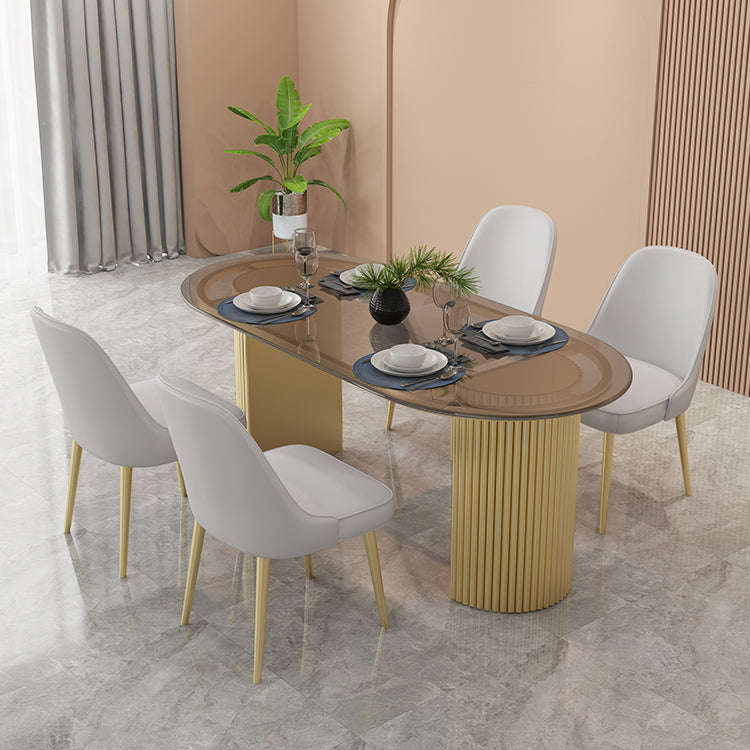 Modern Style Dining Table Oval Double Pedestal Dining Table for Home Glass 51.2"L x 27.6"W x 29.5"H Without Chairs Clearhalo ' dining_table' 'Dining Tables & Seating' 'Dining Tables' 'furn' 'furn_dining_table' 'Furniture' 'furniture_dining_table' 'Kitchen & Dining Furniture' 'kitchen&dining_furn' 'kitchen' 'kitchen_dining_table' 4457422