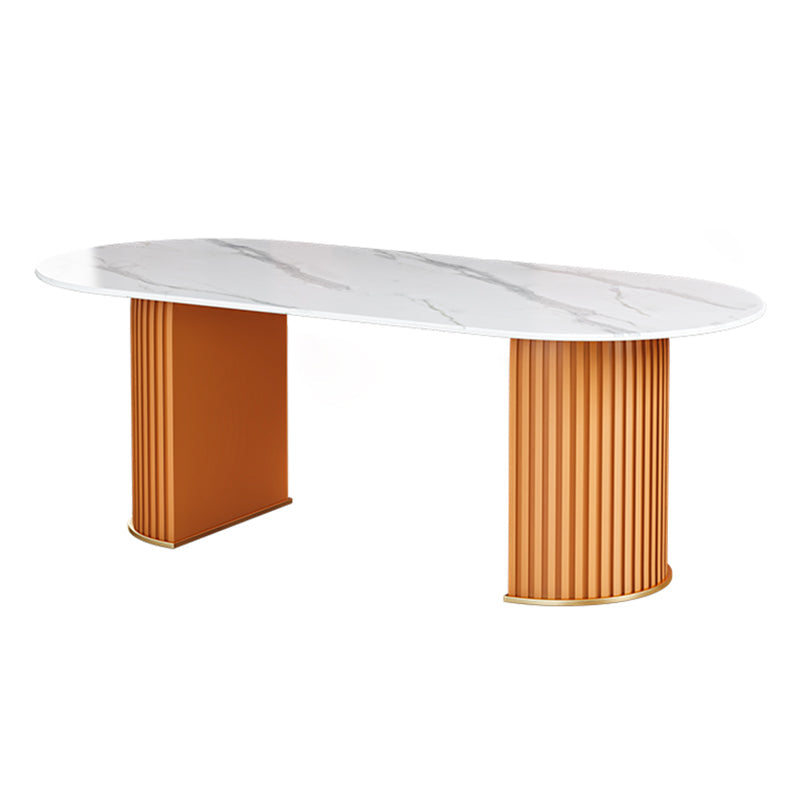 Modern Sintered Stone Table for Restaurant Oval Dining Table with Double Pedestal Base White Orange Clearhalo ' dining_table' 'Dining Tables & Seating' 'Dining Tables' 'furn' 'furn_dining_table' 'Furniture' 'furniture_dining_table' 'Kitchen & Dining Furniture' 'kitchen&dining_furn' 'kitchen' 'kitchen_dining_table' 4457616