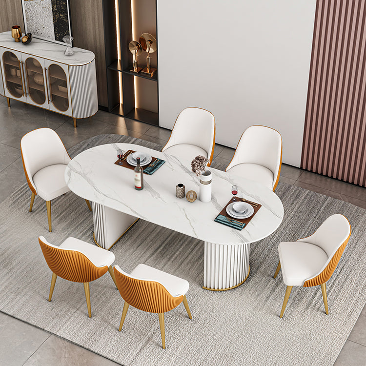 Modern Sintered Stone Table for Restaurant Oval Dining Table with Double Pedestal Base White White 70.9"L x 31.5"W x 29.5"H Clearhalo ' dining_table' 'Dining Tables & Seating' 'Dining Tables' 'furn' 'furn_dining_table' 'Furniture' 'furniture_dining_table' 'Kitchen & Dining Furniture' 'kitchen&dining_furn' 'kitchen' 'kitchen_dining_table' 4457617