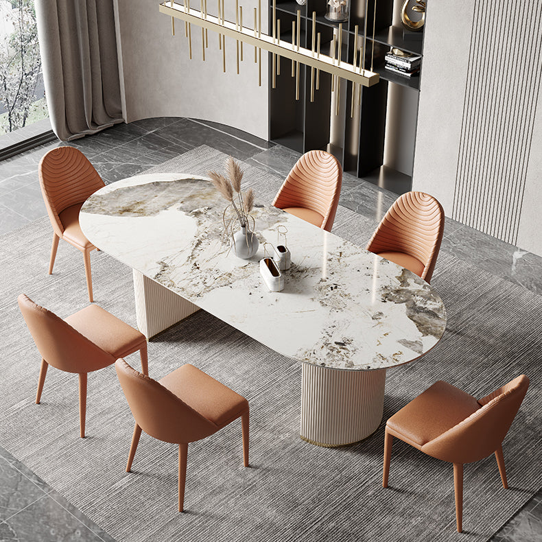 Modern Sintered Stone Table for Restaurant Oval Dining Table with Double Pedestal Base Pandora Gold White 63"L x 31.5"W x 29.5"H Clearhalo ' dining_table' 'Dining Tables & Seating' 'Dining Tables' 'furn' 'furn_dining_table' 'Furniture' 'furniture_dining_table' 'Kitchen & Dining Furniture' 'kitchen&dining_furn' 'kitchen' 'kitchen_dining_table' 4457620