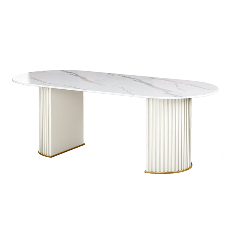 Modern Sintered Stone Table for Restaurant Oval Dining Table with Double Pedestal Base White White 78.7"L x 31.5"W x 29.5"H Clearhalo ' dining_table' 'Dining Tables & Seating' 'Dining Tables' 'furn' 'furn_dining_table' 'Furniture' 'furniture_dining_table' 'Kitchen & Dining Furniture' 'kitchen&dining_furn' 'kitchen' 'kitchen_dining_table' 4457621