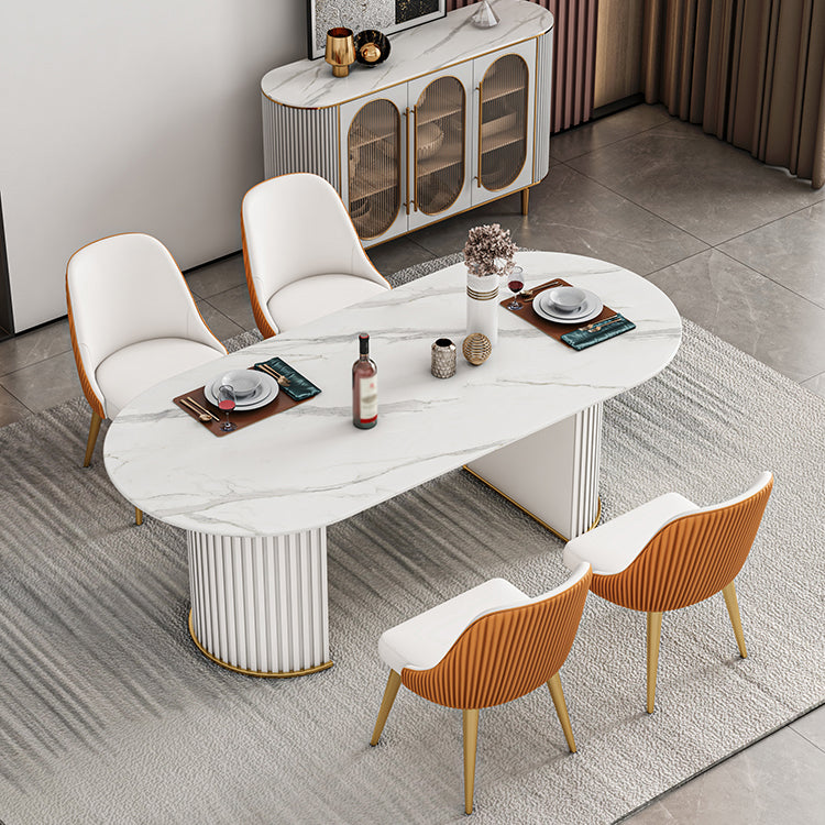 Modern Sintered Stone Table for Restaurant Oval Dining Table with Double Pedestal Base White White 55.1"L x 31.5"W x 29.5"H Clearhalo ' dining_table' 'Dining Tables & Seating' 'Dining Tables' 'furn' 'furn_dining_table' 'Furniture' 'furniture_dining_table' 'Kitchen & Dining Furniture' 'kitchen&dining_furn' 'kitchen' 'kitchen_dining_table' 4457631