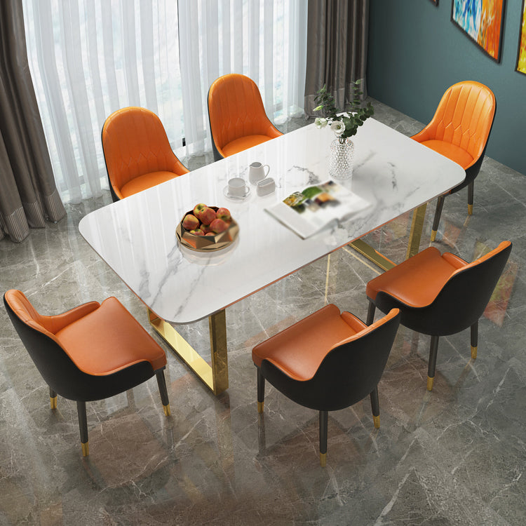 Luxury 1/2/5/7 Pieces Dining Set Sintered Stone Dining Table Set with Leather Chairs 7 Pieces: Table, 6 Orange Chairs Clearhalo 'Dining Room Sets' 'Dining Tables & Seating' 'dining_room_set' 'furn' 'furn_dining_room_set' 'Furniture' 'furniture_dining_room_set' 'Kitchen & Dining Furniture' 'kitchen&dining_furn' 'kitchen' 4458602