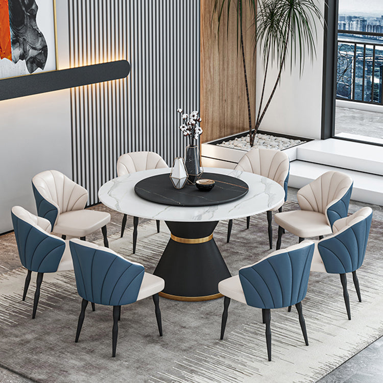 1/2/7/9 Pcs Metal Contemporary Dining Room Set with Round Table Dinette Set 9 Pieces: Black-Gold Table, 8 Blue Chairs Clearhalo 'Dining Room Sets' 'Dining Tables & Seating' 'dining_room_set' 'furn' 'furn_dining_room_set' 'Furniture' 'furniture_dining_room_set' 'Kitchen & Dining Furniture' 'kitchen&dining_furn' 'kitchen' 4458747